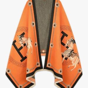 Classic Orange Equestrian Print Pashmina Shawl Scarf- New with Tags
